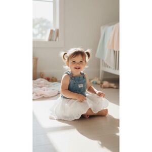 OshKosh B'gosh 2000s Baby Denim Y2K Overall Dress White Eyelet Skirt 12M